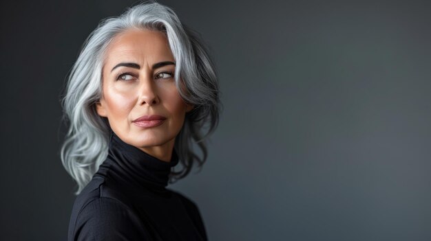 Uma mulher mais velha com cabelos grisalhos e um pescoço de tartaruga preto