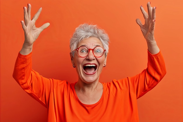 Uma mulher mais velha com óculos e fundo laranja
