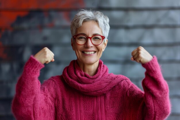 Uma mulher mais velha com óculos e um suéter rosa flexionando os braços