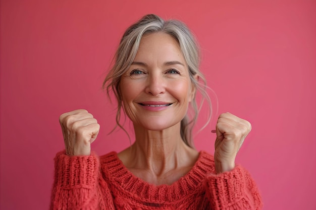 Uma mulher mais velha com os braços levantados em frente a um fundo rosa