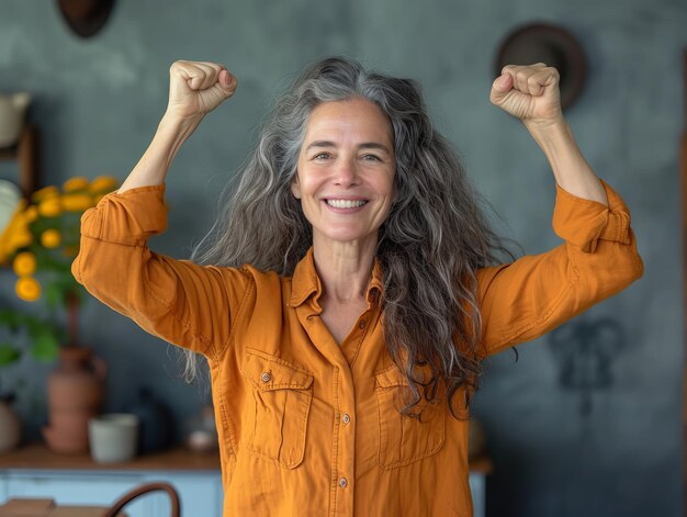 Uma mulher mais velha com os braços para cima