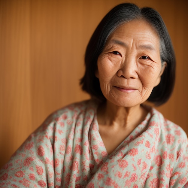 Uma mulher mais velha com uma estampa floral vermelha e branca em seu vestido.