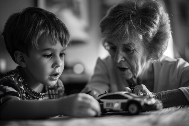 Uma mulher mais velha e um menino brincando com um carro de brinquedo