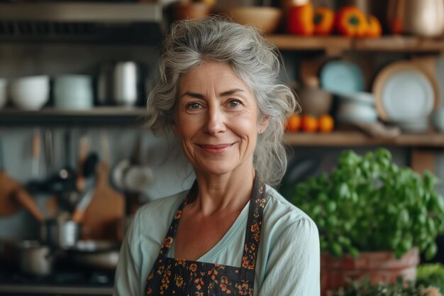 Uma mulher mais velha está em uma cozinha ao lado de um balcão enquanto se dedica a cozinhar