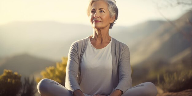 Uma mulher mais velha, madura e amigável, elegante, a meditar e a fazer ioga com um comportamento calmo e sereno.