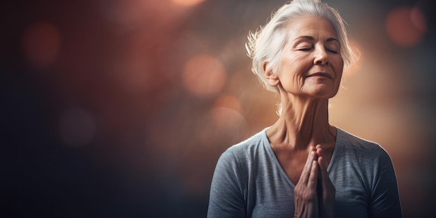 Uma mulher mais velha, madura e amigável, elegante, a meditar e a fazer ioga com um comportamento calmo e sereno.