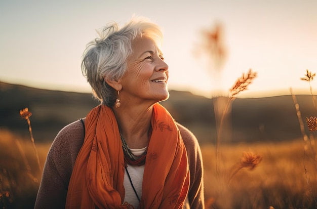 uma mulher mais velha se concentra em seu peito no estilo do paisagismo sereno