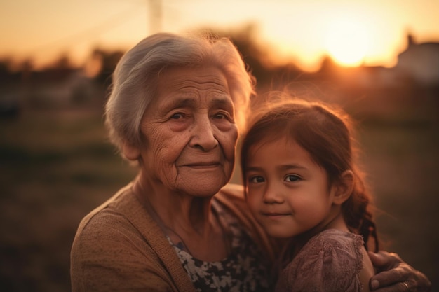 Uma mulher mais velha segura uma jovem na frente de um pôr do sol