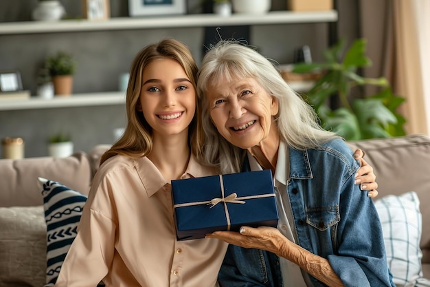Uma mulher mais velha segurando uma caixa de presentes ao lado de uma mulher mais jovem