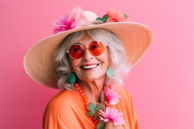 Uma mulher mais velha sorridente usando um chapéu e óculos escuros.