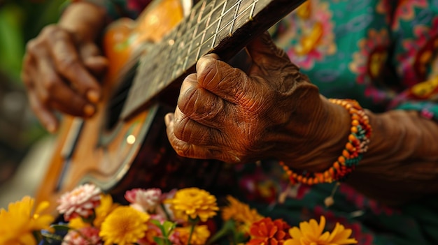 Foto uma mulher mais velha toca guitarra com flores nas mãos