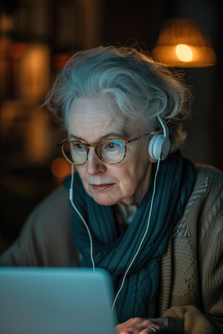 Foto uma mulher mais velha usando óculos e fones de ouvido está usando um computador portátil