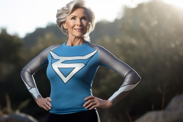 Uma mulher mais velha vestindo uma camisa de super-herói azul e branca