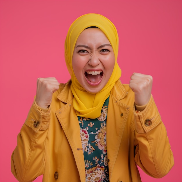 uma mulher malaia com um lenço amarelo está celebrando a vitória
