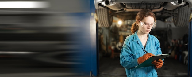 Uma mulher mecânica fica no fundo de um carro levantado segura o tablet nas mãos e registra as marcas de danos com uma caneta Espaço para cópia