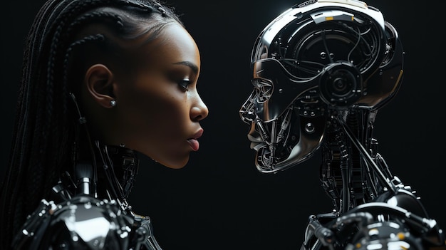Uma mulher mecânica robô cibernético e uma mecânica mulher comum de frente uma para a outra