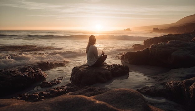Foto uma mulher medita na posição de lótus desfrutando da natureza tranquila gerada pela ia