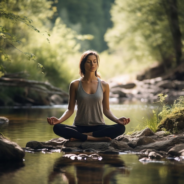 Uma mulher medita num ambiente natural sereno.