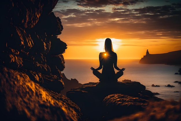 Uma mulher meditando em frente a um pôr do sol