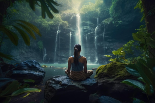 Uma mulher meditando em frente a uma cachoeira