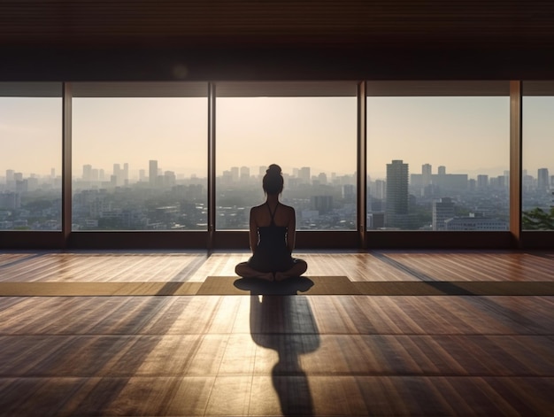 Uma mulher meditando em frente a uma janela com a cidade ao fundo.