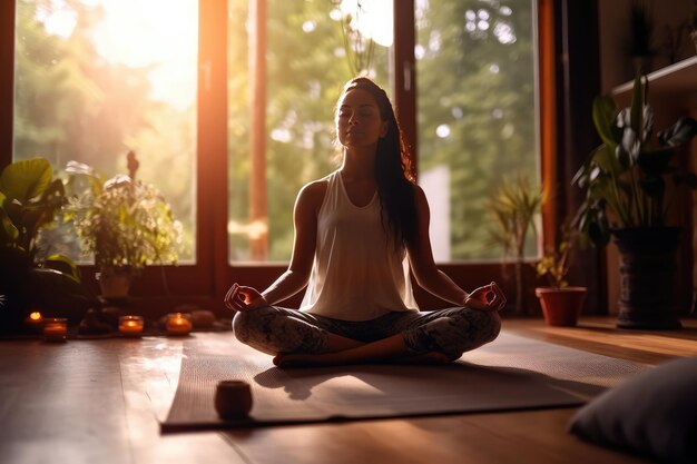 Uma mulher meditando em um estúdio de ioga