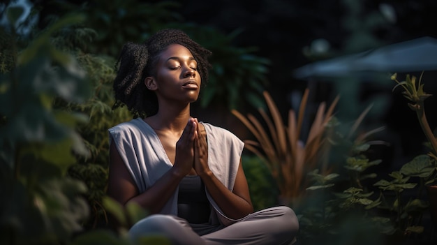 Uma mulher meditando em um jardim com os olhos fechados e os olhos fechados.