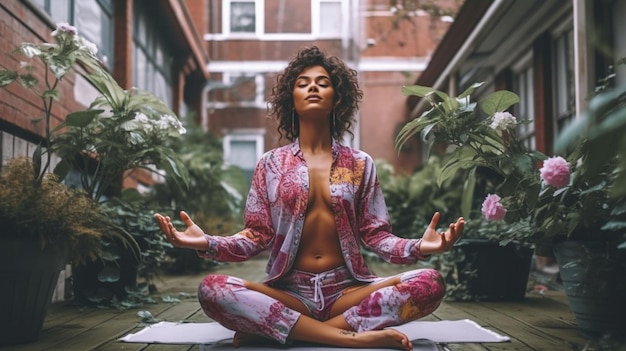 Uma mulher meditando em um jardim com uma flor em sua camisa