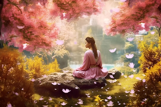 Uma mulher meditando em um vestido rosa com flores cor de rosa no fundo de uma floresta.