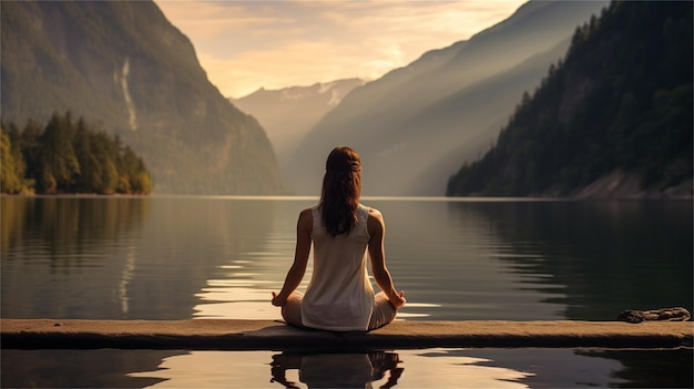 uma mulher meditando em uma floresta com a luz do sol fluindo através das árvores