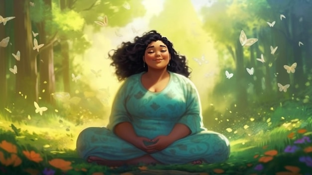 Uma mulher meditando em uma floresta com borboletas no chão