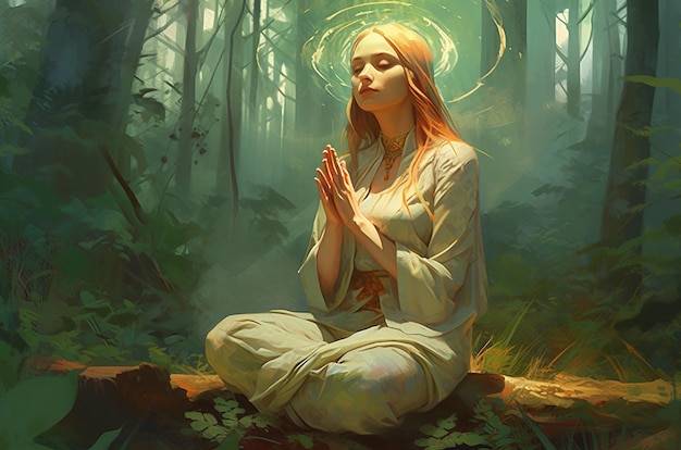 Uma mulher meditando em uma floresta com o