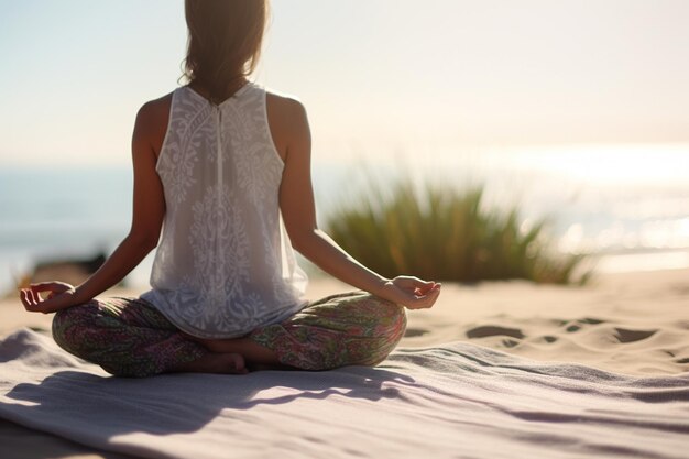 uma mulher meditando em uma praia com o sol atrás dela.