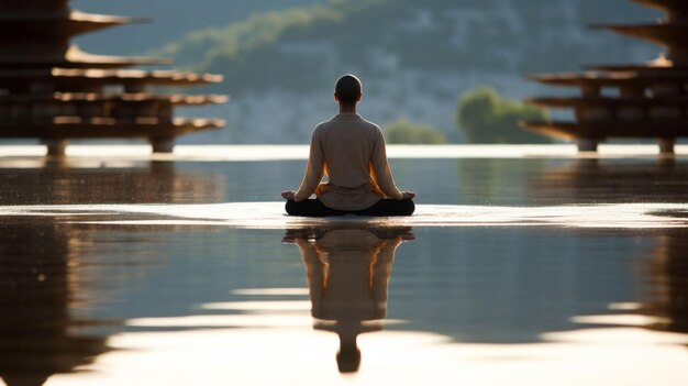 Uma mulher meditando em uma praia tranquila ao anoitecer gerada pela IA