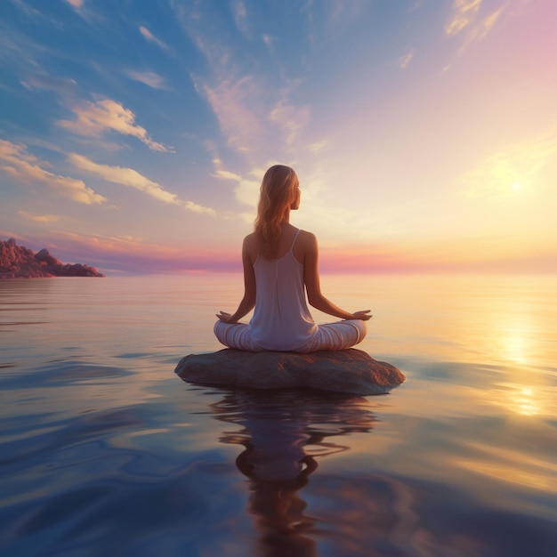 Uma mulher meditando em uma rocha com o sol se pondo atrás dela.