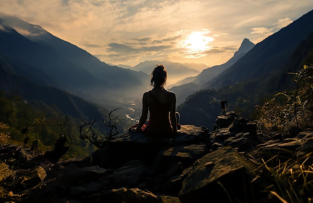 Uma mulher meditando em uma rocha em frente a uma montanha com o sol atrás dela.