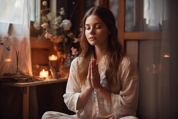 Uma mulher meditando em uma sala com uma vela ao fundo