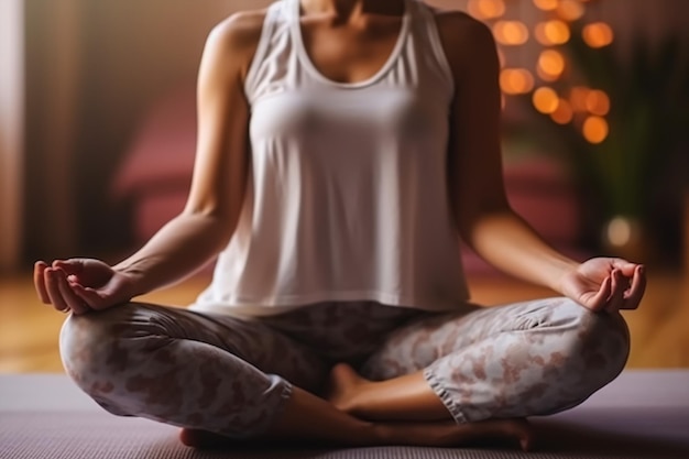 Foto uma mulher meditando na frente de luzes de natal