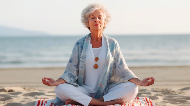 Uma mulher meditando na praia