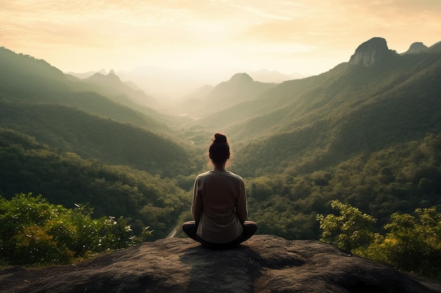 Uma mulher meditando no topo de uma montanha com um pôr do sol ao fundo