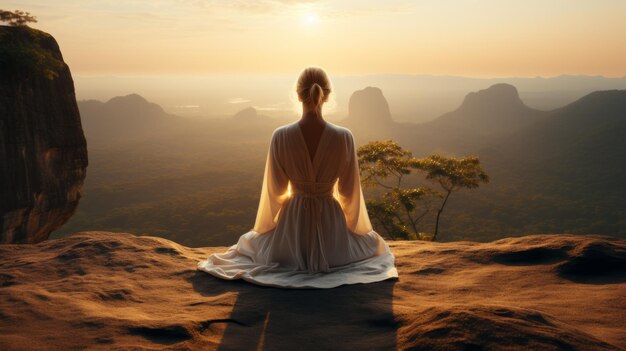 Uma mulher meditando pacificamente em uma rocha