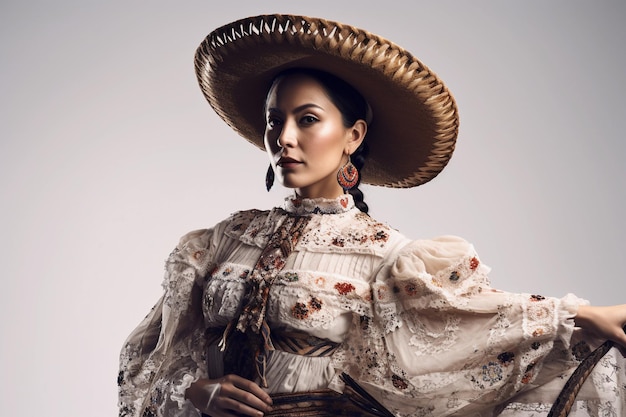 Uma mulher mexicana em um vestido tradicional com um chapéu e um chapéu