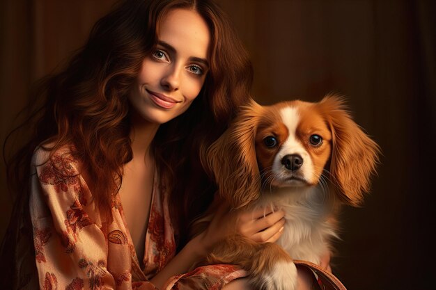 Uma mulher moderna e boêmia segurando seu afetuoso cavalier king charles spaniel