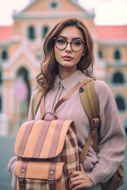 Uma mulher moderna e sorridente apontando com a mão na fotografia frontal