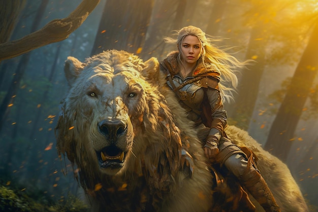 Uma mulher montada nas costas de um urso numa floresta