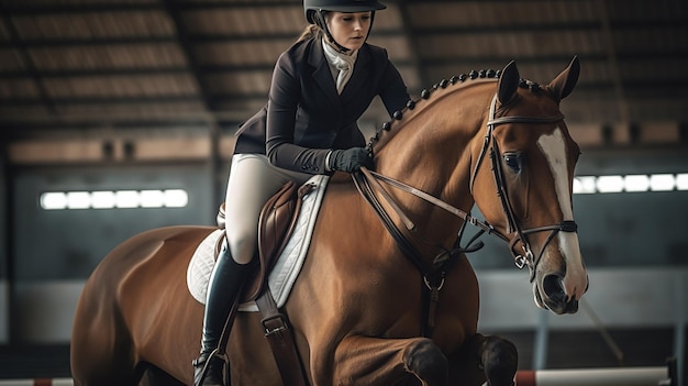 Uma mulher montando um cavalo e usando um capacete monta um cavalo.