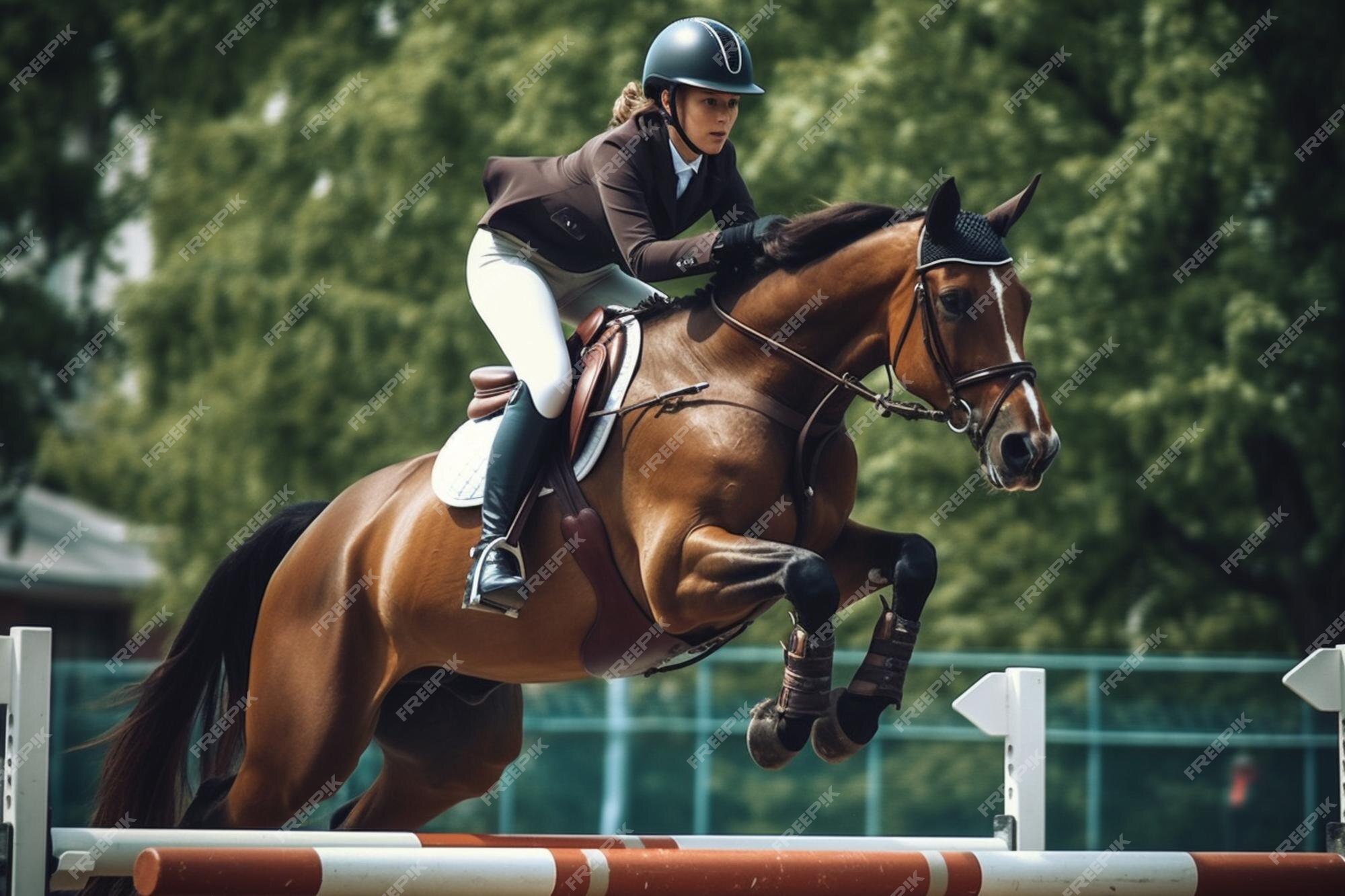 Há uma mulher montando um cavalo pulando sobre um obstáculo