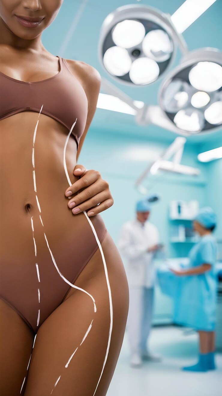 Foto uma mulher mostra uma linha pontilhada na zona de liposucção do corpo