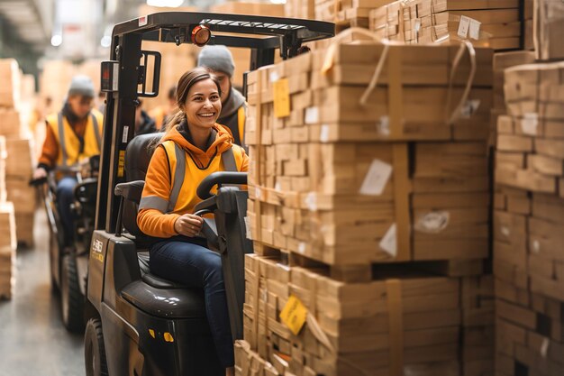 Uma mulher movendo palete com uma empilhadeira em um armazém Mulher dirigindo empilhadeira em uma grande fábrica