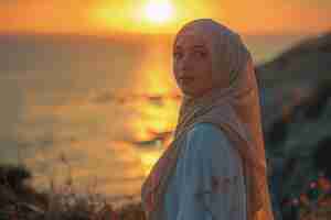 Foto uma mulher muçulmana de hijab está em frente a um pôr-do-sol